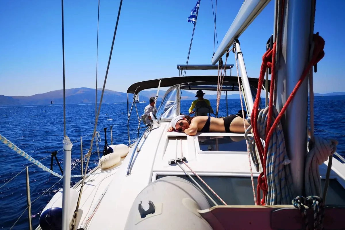 Deck of NAIADA , a Elan Impression 384 sailboat at Piraeus, Greece