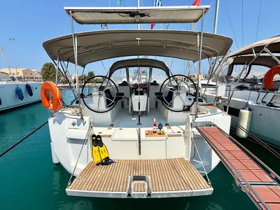 Cockpit of Kefi, a Jeanneau Sun Odyssey 469 sailboat at Municipal Unit of Ellomenos, Greece