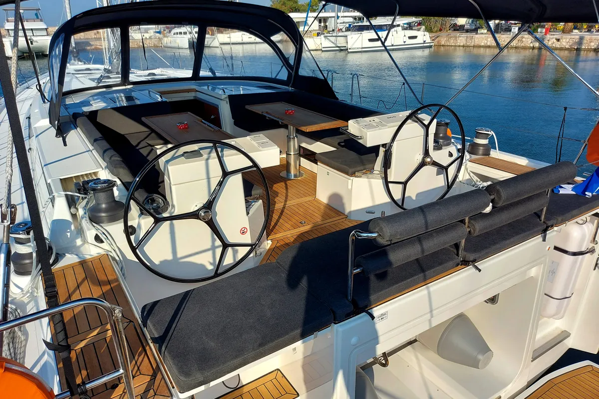 Cockpit of Promitheas, a Bavaria C57 sailboat at Athens, Greece