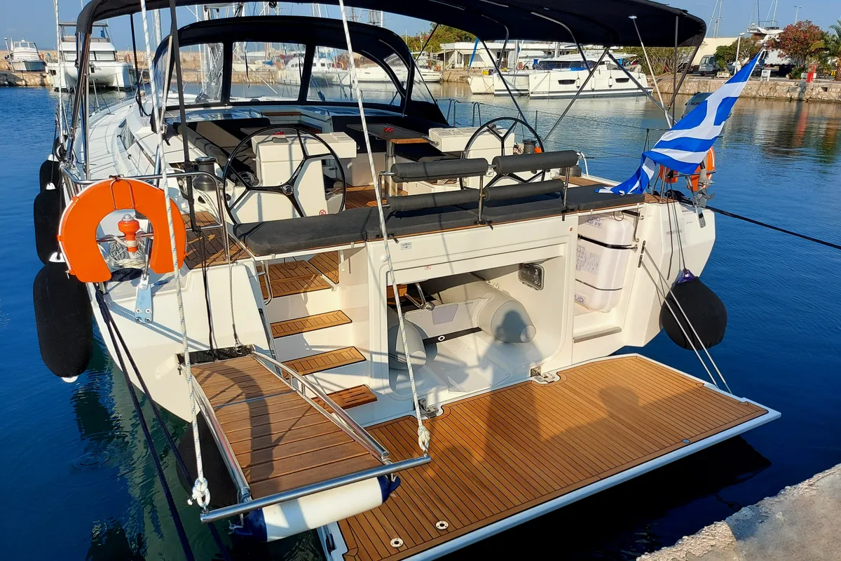 Exterior view of Promitheas, a Bavaria C57 sailboat at Athens, Greece