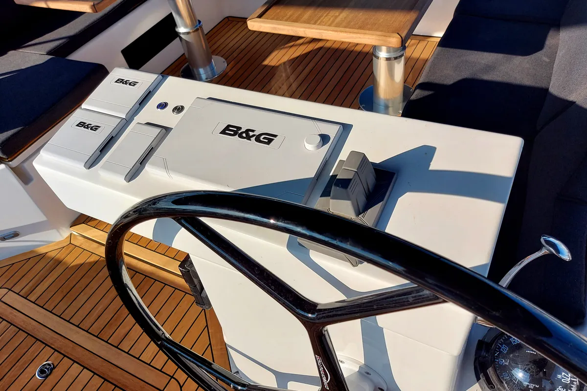 Cockpit of Promitheas, a Bavaria C57 sailboat at Athens, Greece
