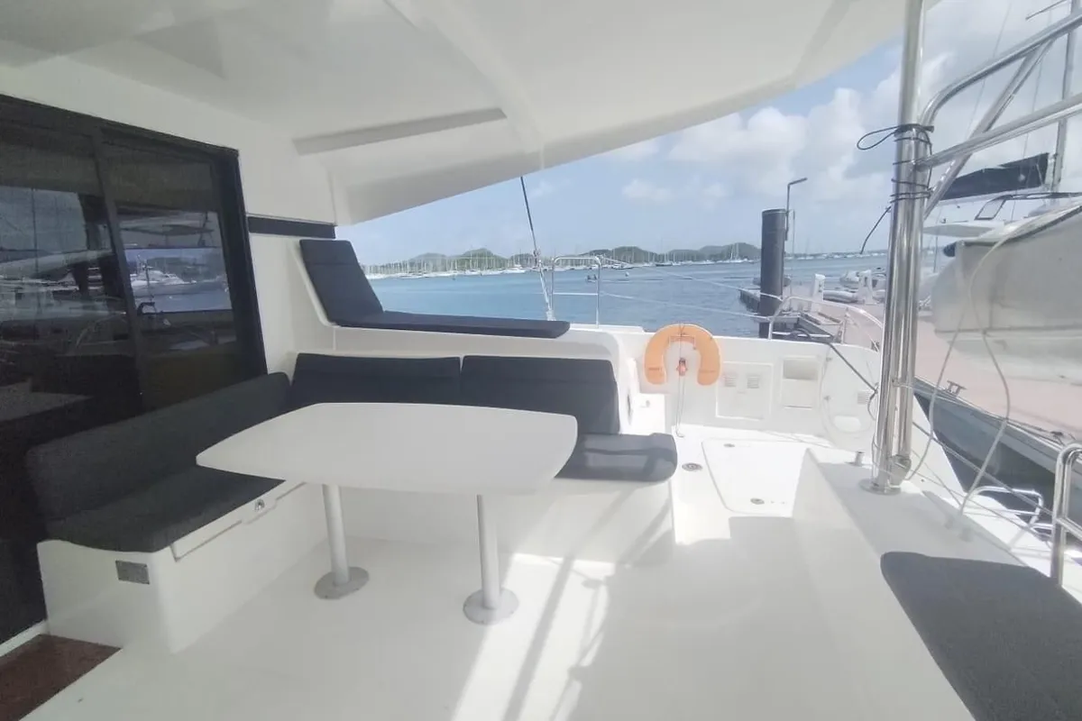 Deck of Tigra, a Lagoon 42 catamaran at Pointe-à-Pitre, France