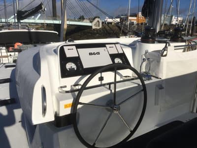Cockpit of Tigra, a Lagoon 42 catamaran at Pointe-à-Pitre, France