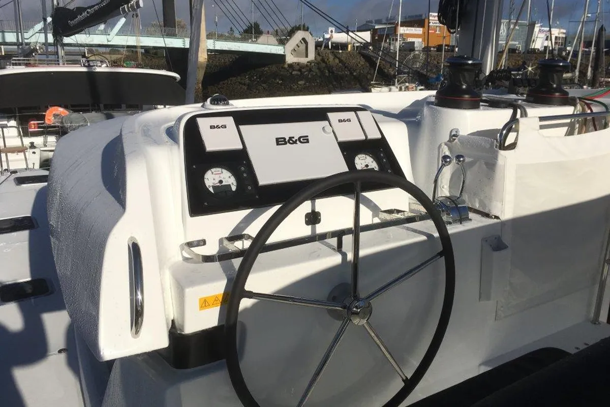 Cockpit of Tigra, a Lagoon 42 catamaran at Pointe-à-Pitre, France