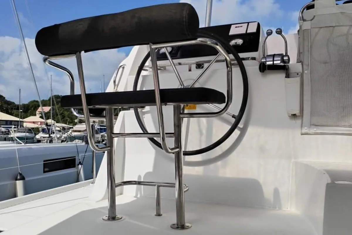 Cockpit of Tigra, a Lagoon 42 catamaran at Pointe-à-Pitre, France
