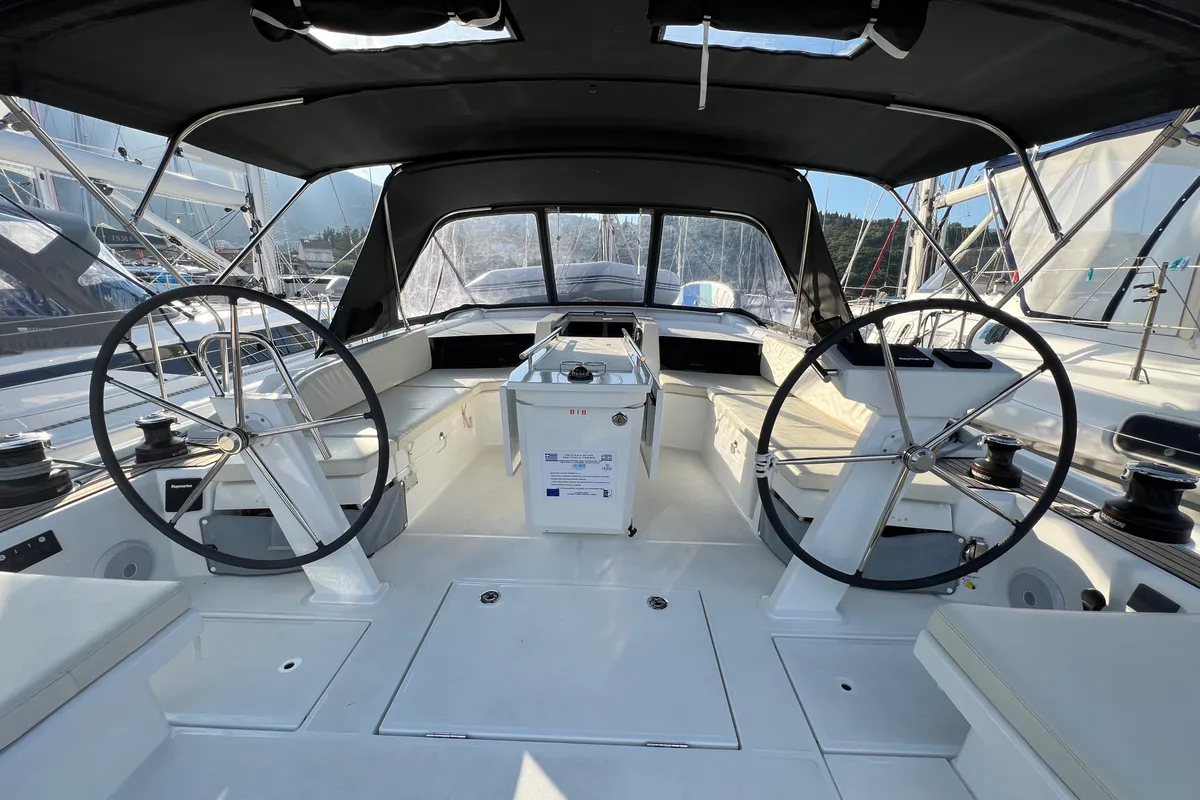 Deck of MariMar, a Beneteau Oceanis 46.1 sailboat at Municipal Unit of Lefkada, Greece