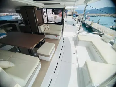 Deck of ANEMOS, a Bali 4.3 catamaran at Capo d'Orlando, Italy