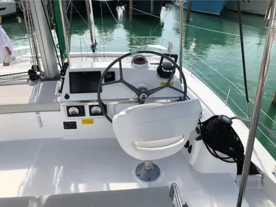 Cockpit of ANEMOS, a Bali 4.3 catamaran at Capo d'Orlando, Italy