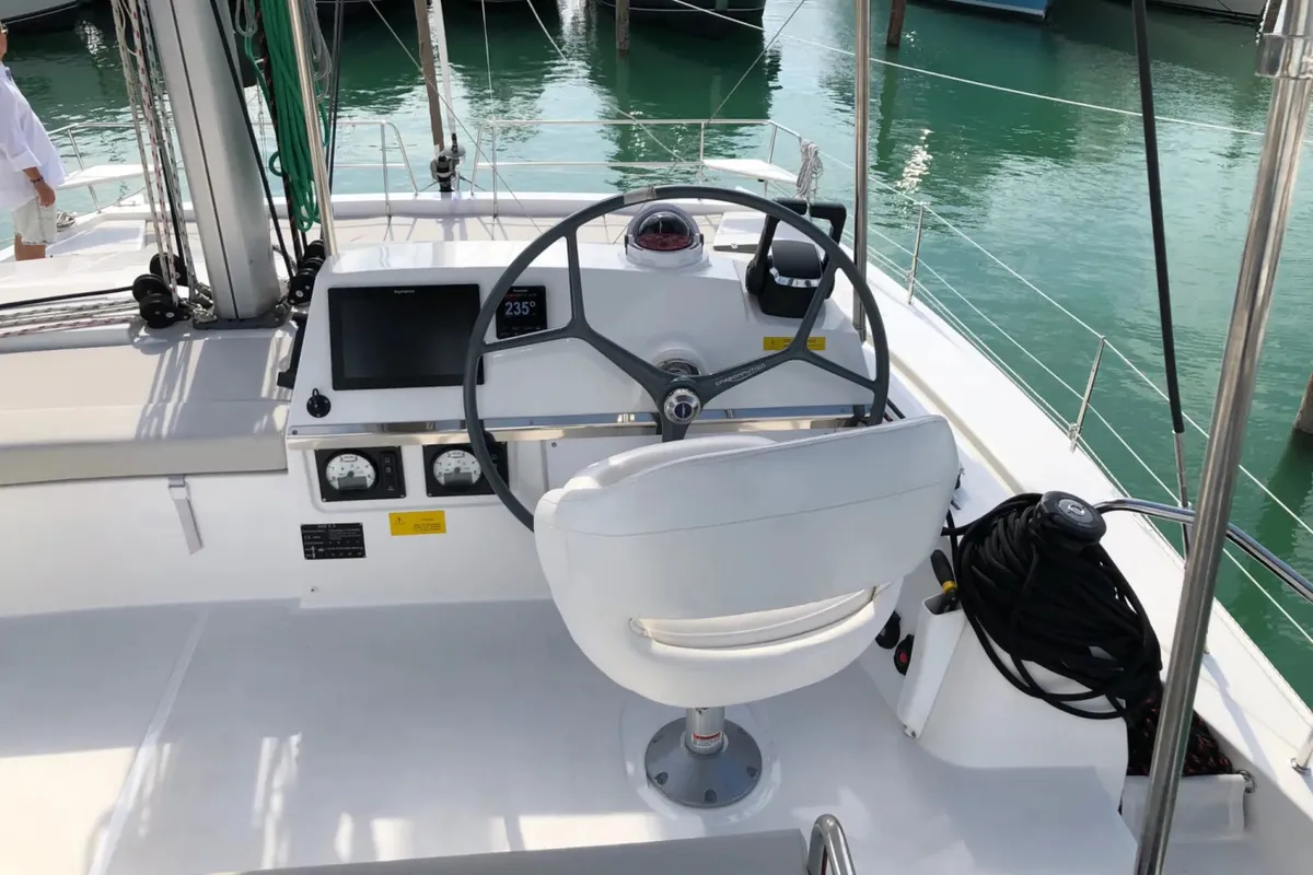 Cockpit of ANEMOS, a Bali 4.3 catamaran at Capo d'Orlando, Italy