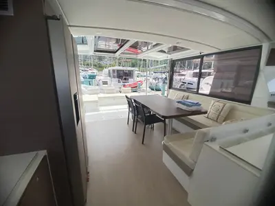 Salon of ANEMOS, a Bali 4.3 catamaran at Capo d'Orlando, Italy