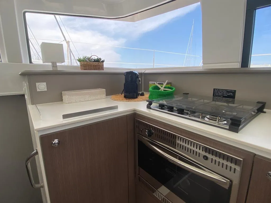 Galley of ANEMOS, a Bali 4.3 catamaran at Capo d'Orlando, Italy