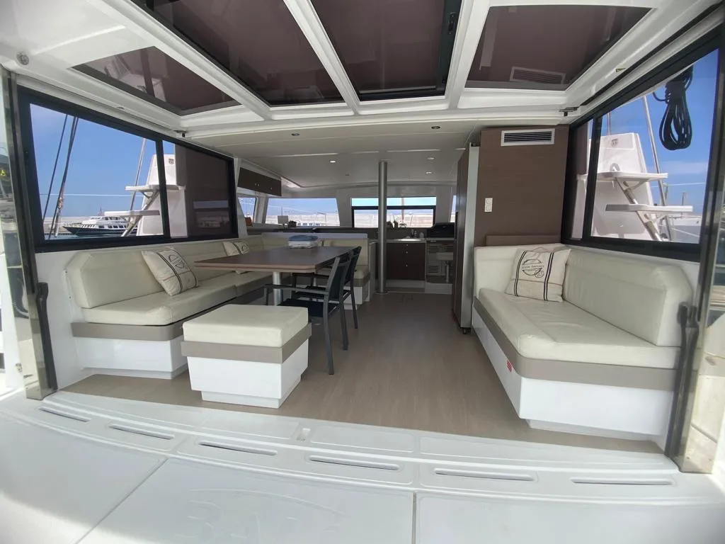 Salon of ANEMOS, a Bali 4.3 catamaran at Capo d'Orlando, Italy