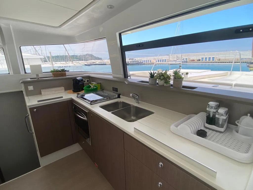 Galley of ANEMOS, a Bali 4.3 catamaran at Capo d'Orlando, Italy