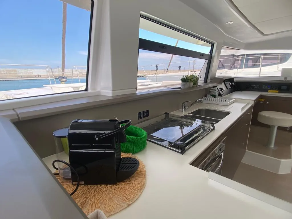Galley of ANEMOS, a Bali 4.3 catamaran at Capo d'Orlando, Italy