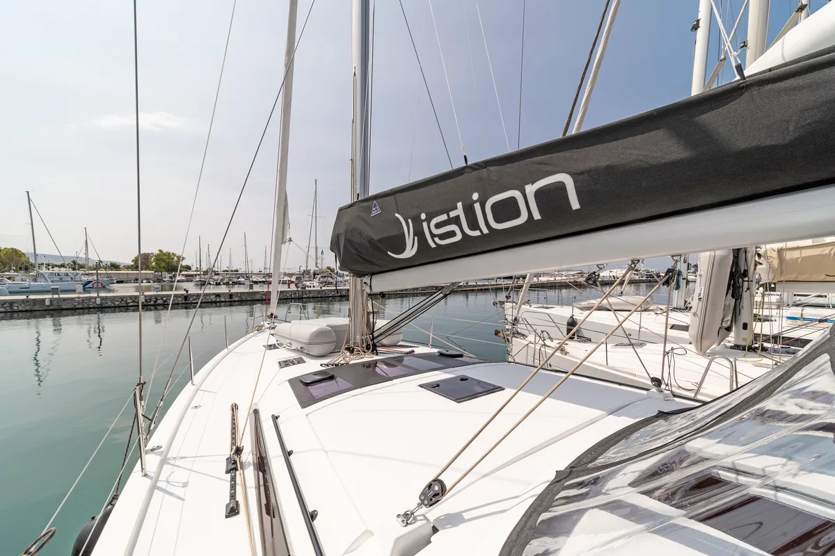 Deck of Imagine, a Dufour 470 sailboat at Kos, Greece