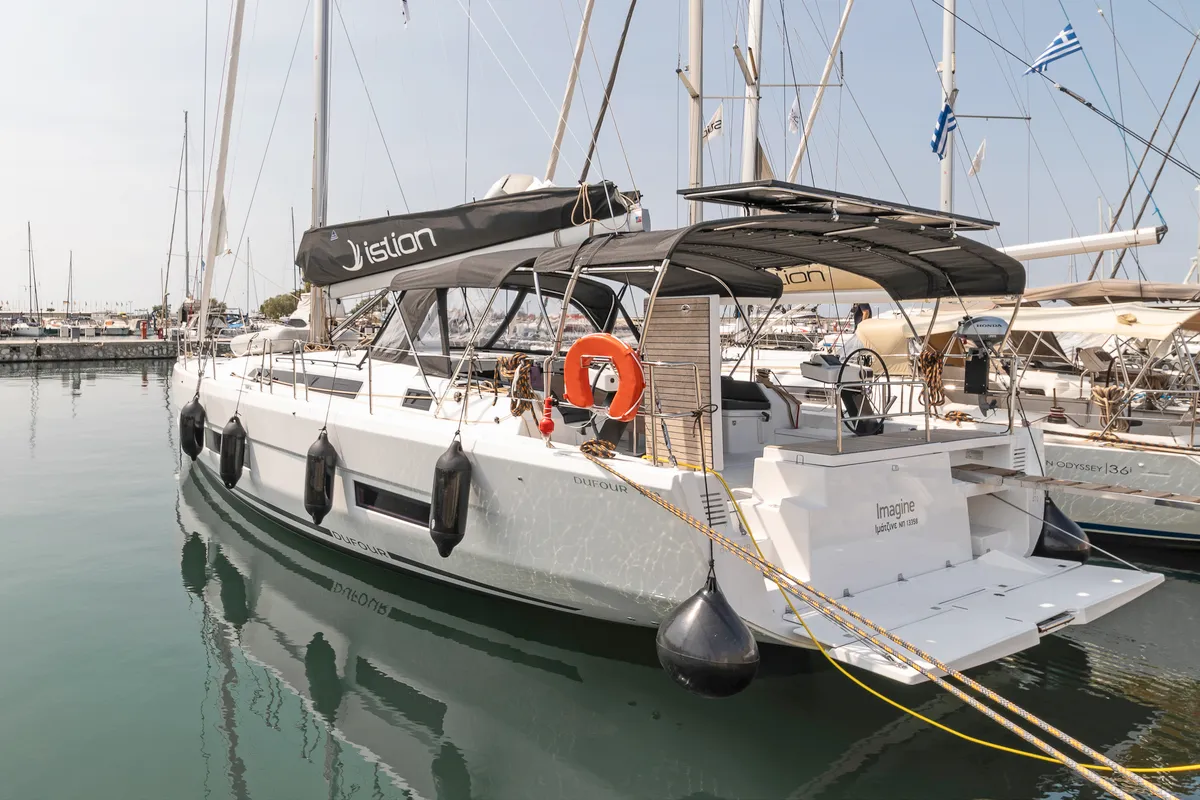 Exterior view of Imagine, a Dufour 470 sailboat at Kos, Greece