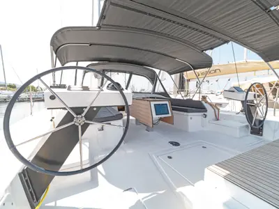 Cockpit of Imagine, a Dufour 470 sailboat at Kos, Greece