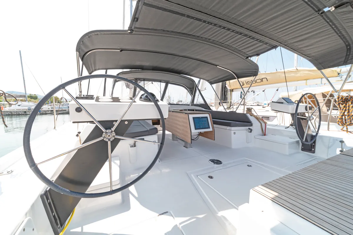 Cockpit of Imagine, a Dufour 470 sailboat at Kos, Greece
