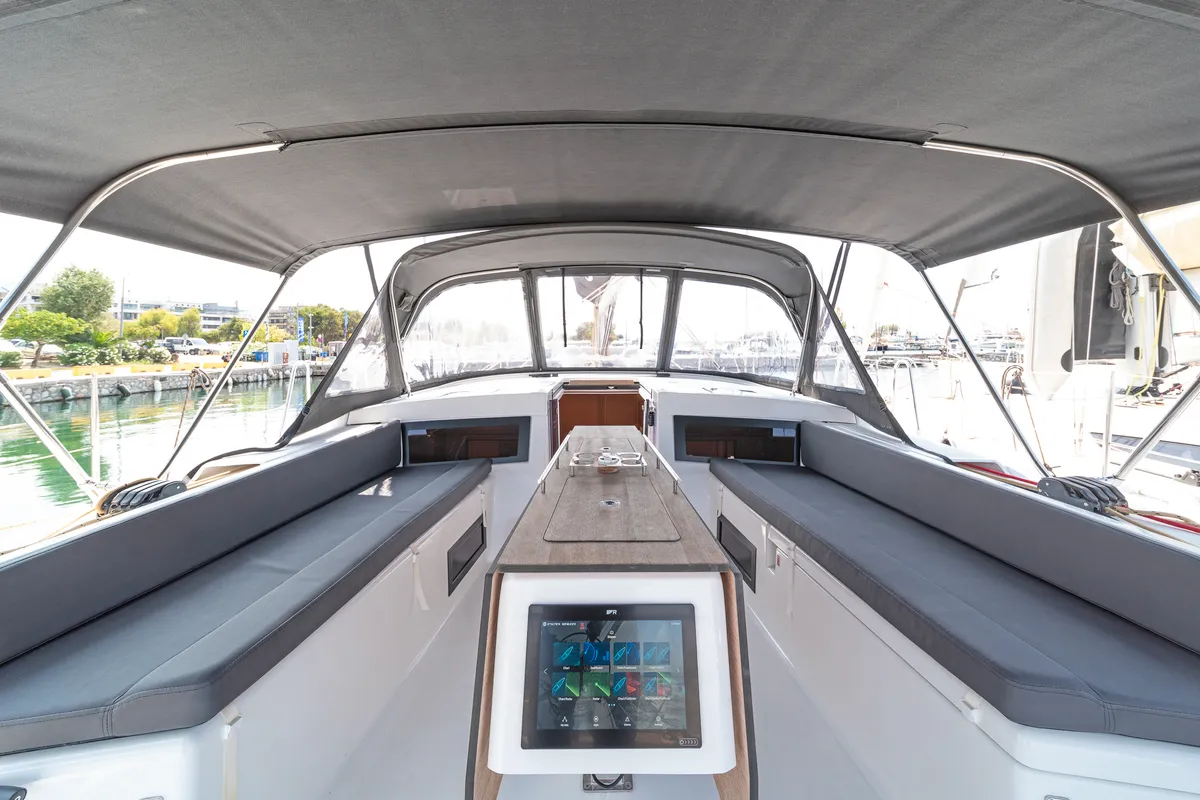 Cockpit of Imagine, a Dufour 470 sailboat at Kos, Greece
