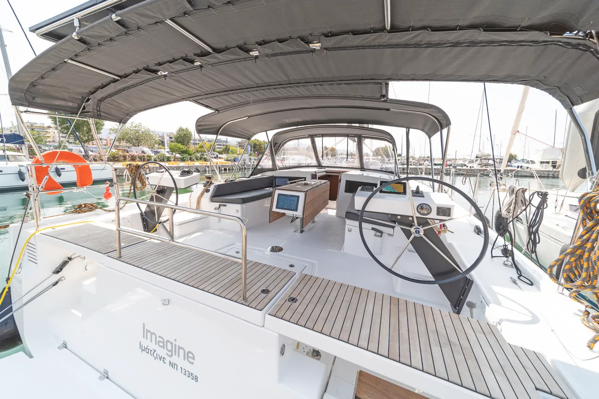 Cockpit of Imagine, a Dufour 470 sailboat at Kos, Greece