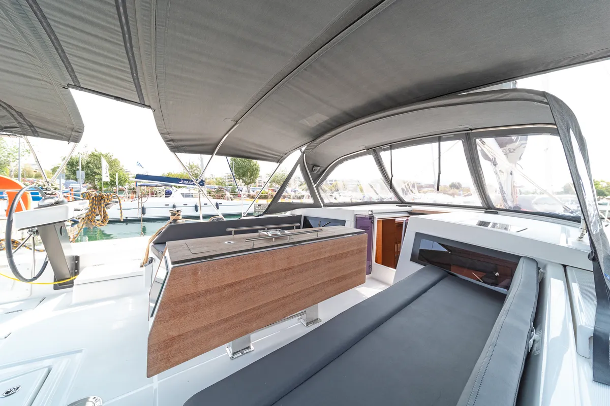 Cockpit of Imagine, a Dufour 470 sailboat at Kos, Greece