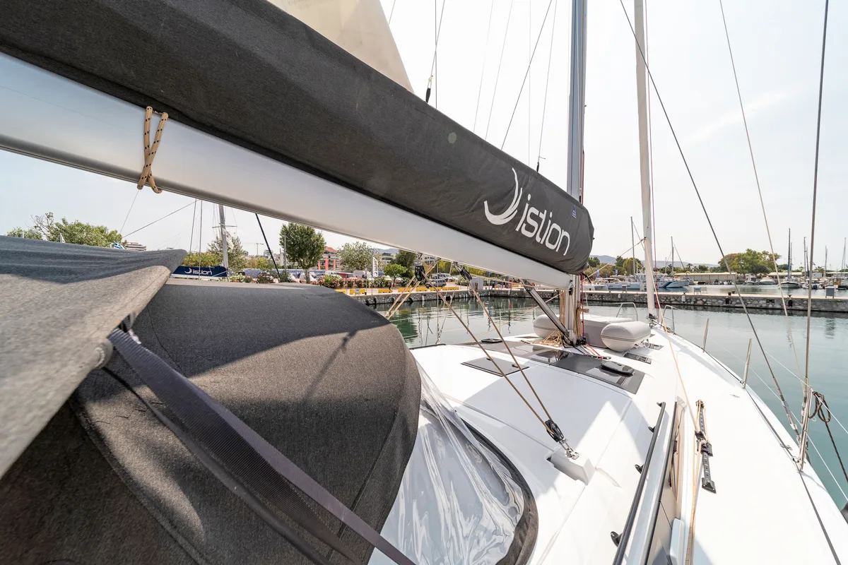 Deck of Imagine, a Dufour 470 sailboat at Kos, Greece