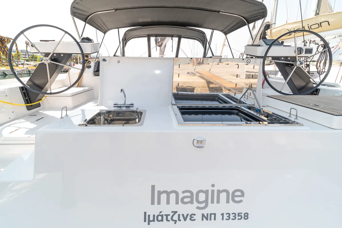 Deck of Imagine, a Dufour 470 sailboat at Kos, Greece