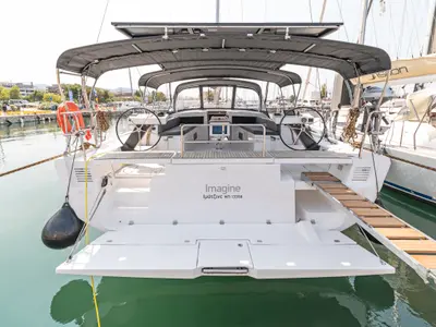 Deck of Imagine, a Dufour 470 sailboat at Kos, Greece