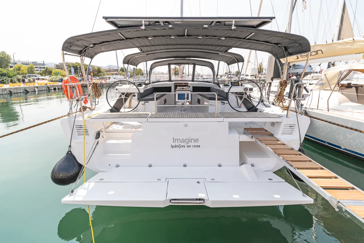 Deck of Imagine, a Dufour 470 sailboat at Kos, Greece