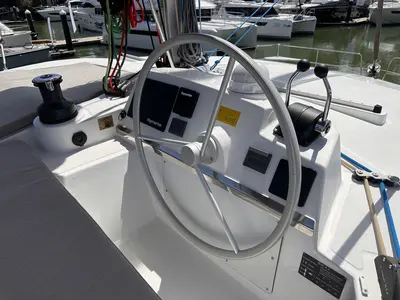 Cockpit of Joyous, a Bali 4.2 catamaran at Mai Khao, Thailand
