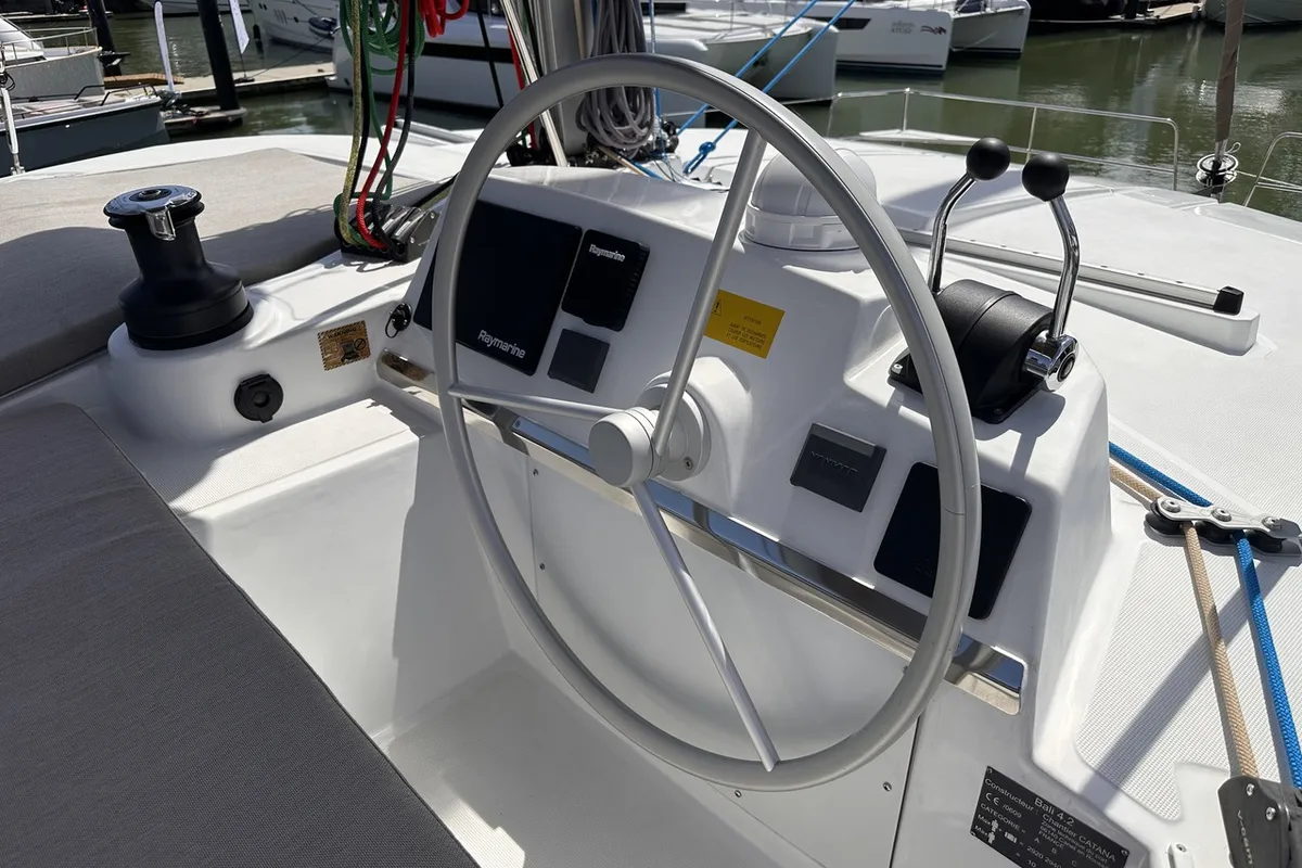 Cockpit of Joyous, a Bali 4.2 catamaran at Mai Khao, Thailand