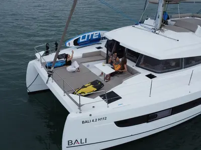 Deck of Joyous, a Bali 4.2 catamaran at Mai Khao, Thailand