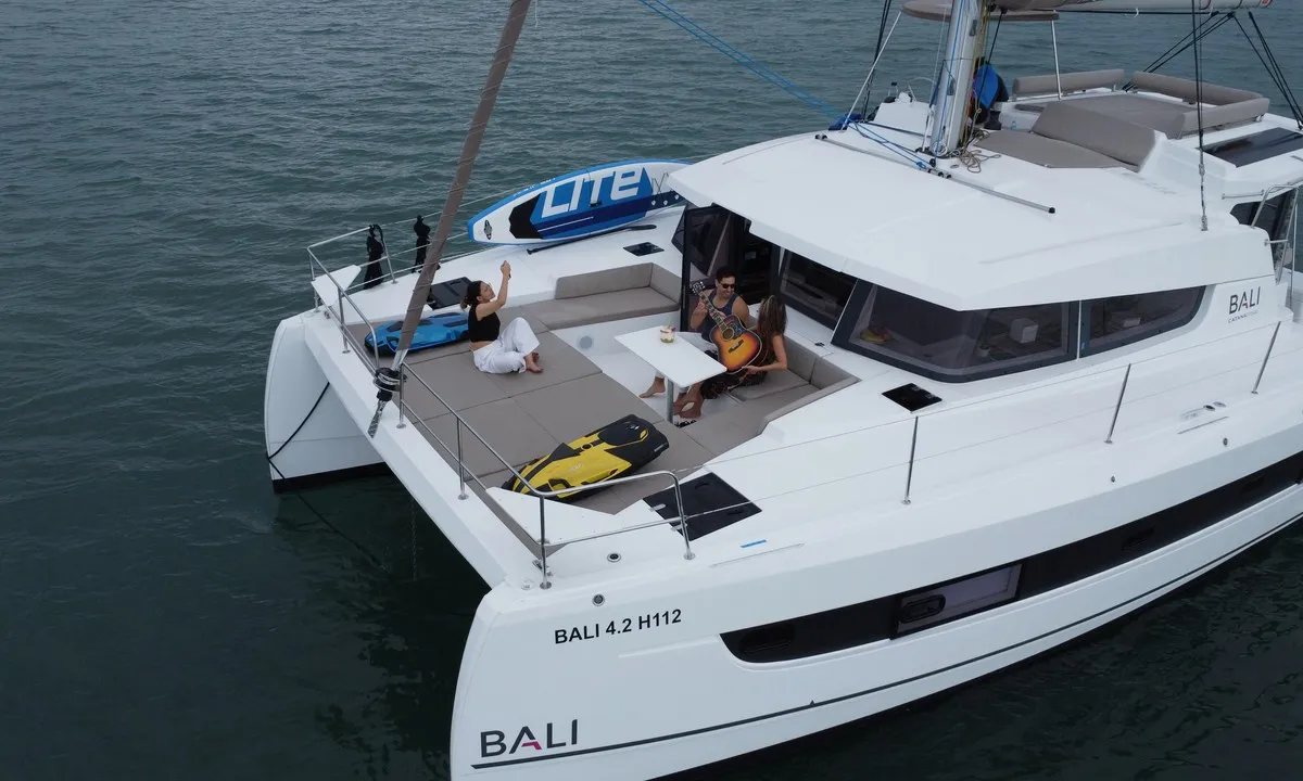 Deck of Joyous, a Bali 4.2 catamaran at Mai Khao, Thailand