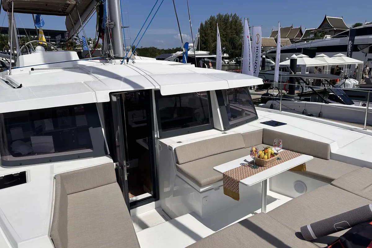 Deck of Joyous, a Bali 4.2 catamaran at Mai Khao, Thailand