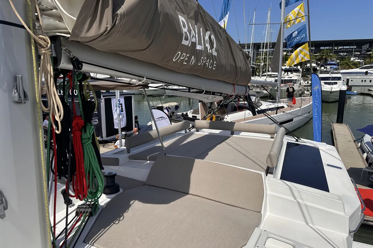 Deck of Joyous, a Bali 4.2 catamaran at Mai Khao, Thailand