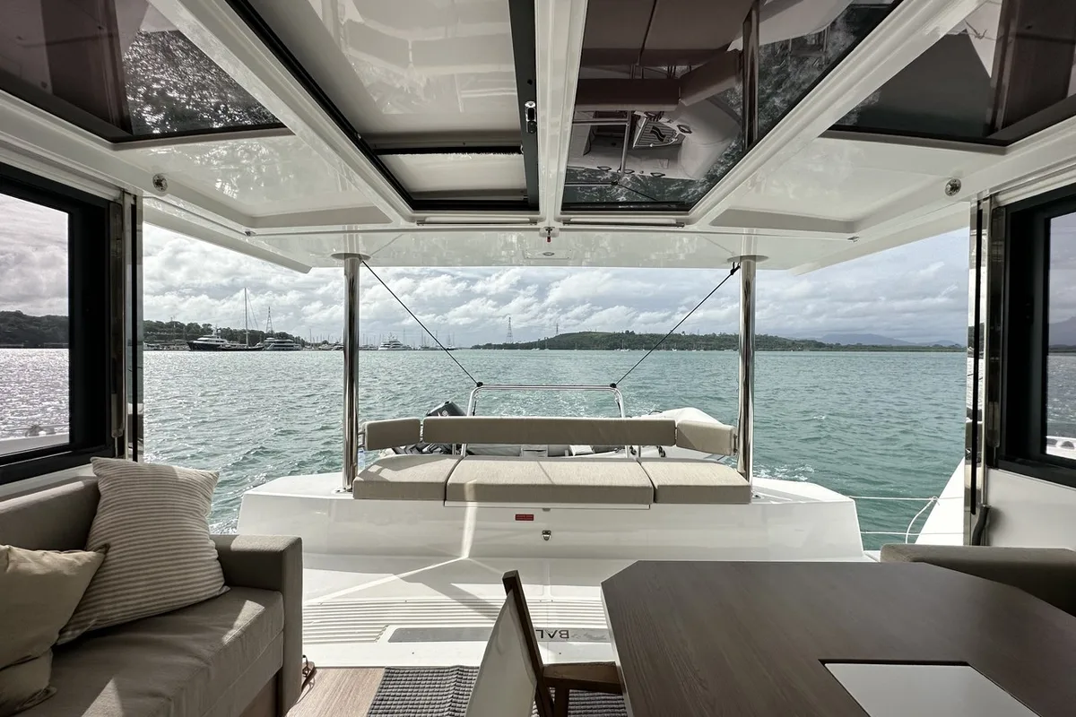 Salon of Joyous, a Bali 4.2 catamaran at Mai Khao, Thailand