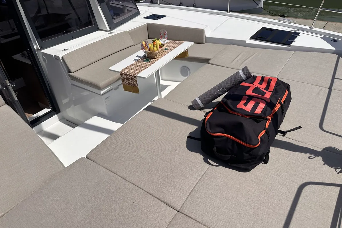 Deck of Joyous, a Bali 4.2 catamaran at Mai Khao, Thailand