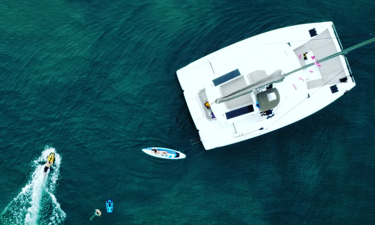 Exterior view of Joyous, a Bali 4.2 catamaran at Mai Khao, Thailand