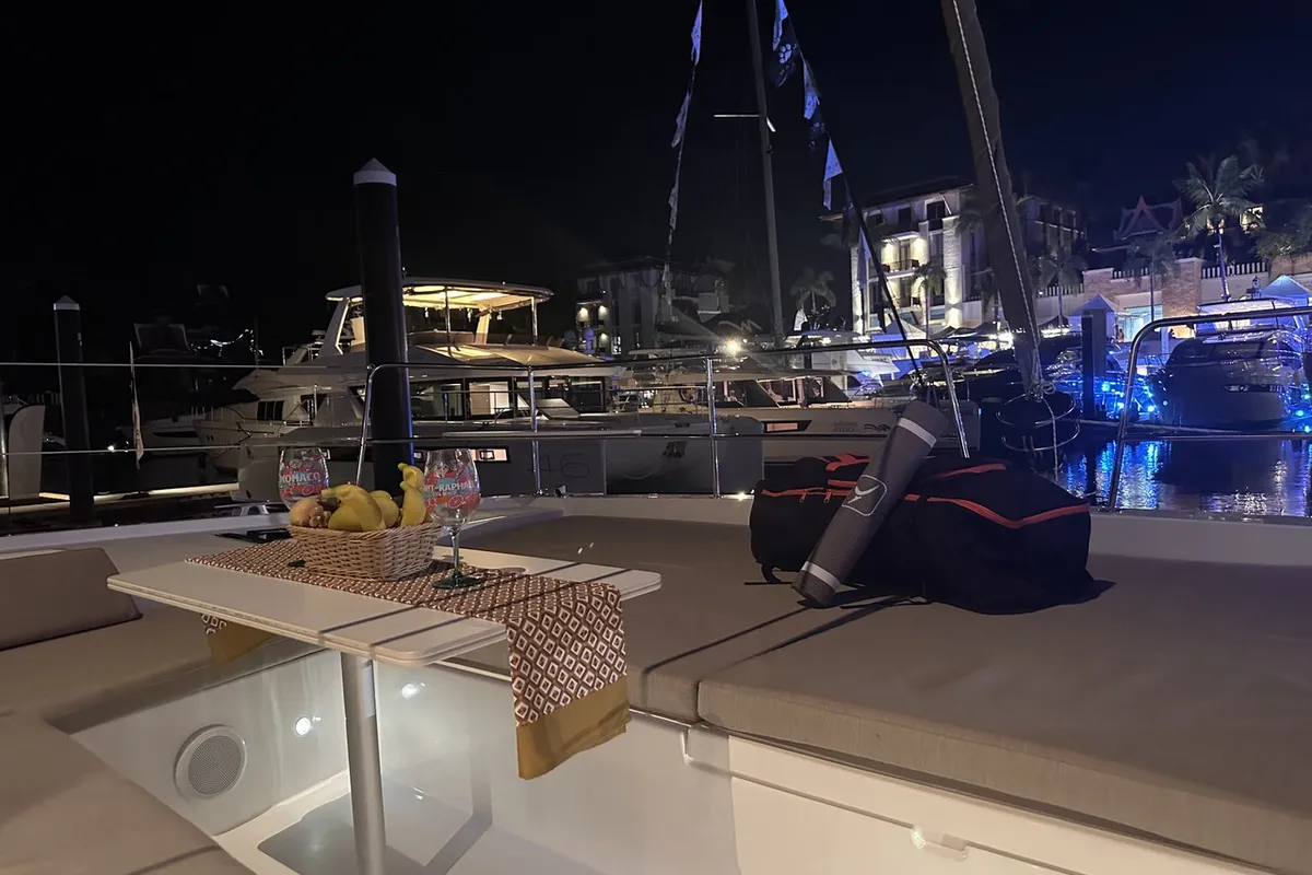 Deck of Joyous, a Bali 4.2 catamaran at Mai Khao, Thailand