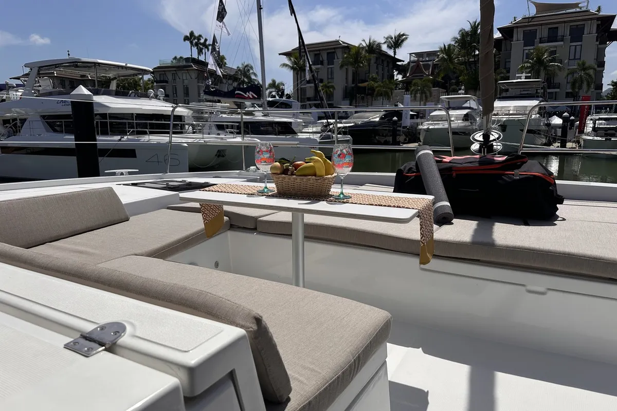 Deck of Joyous, a Bali 4.2 catamaran at Mai Khao, Thailand