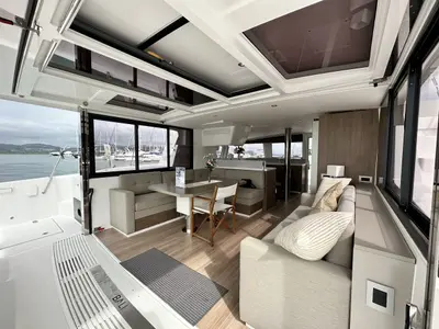 Salon of Joyous, a Bali 4.2 catamaran at Mai Khao, Thailand