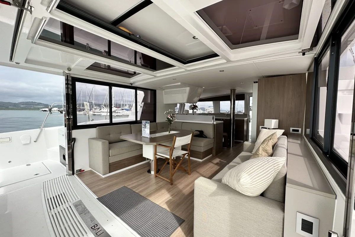 Salon of Joyous, a Bali 4.2 catamaran at Mai Khao, Thailand