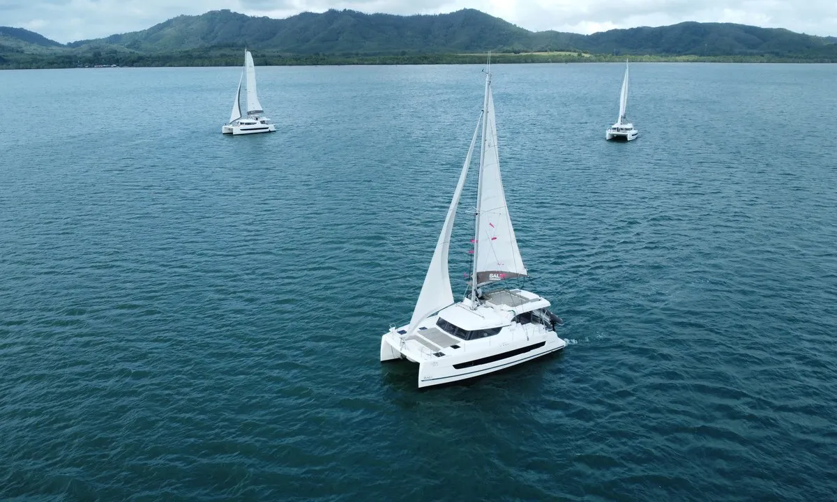Exterior view of Joyous, a Bali 4.2 catamaran at Mai Khao, Thailand