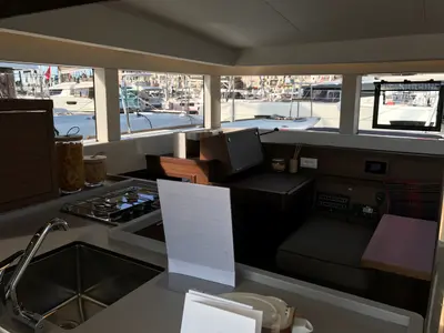 Salon of Saudade, a Lagoon 40 catamaran at Olbia, Italy