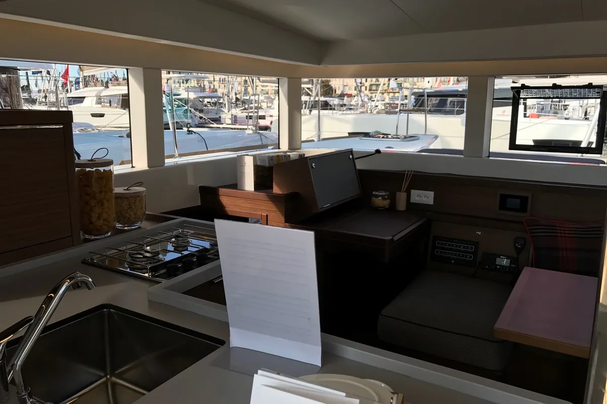 Salon of Saudade, a Lagoon 40 catamaran at Olbia, Italy