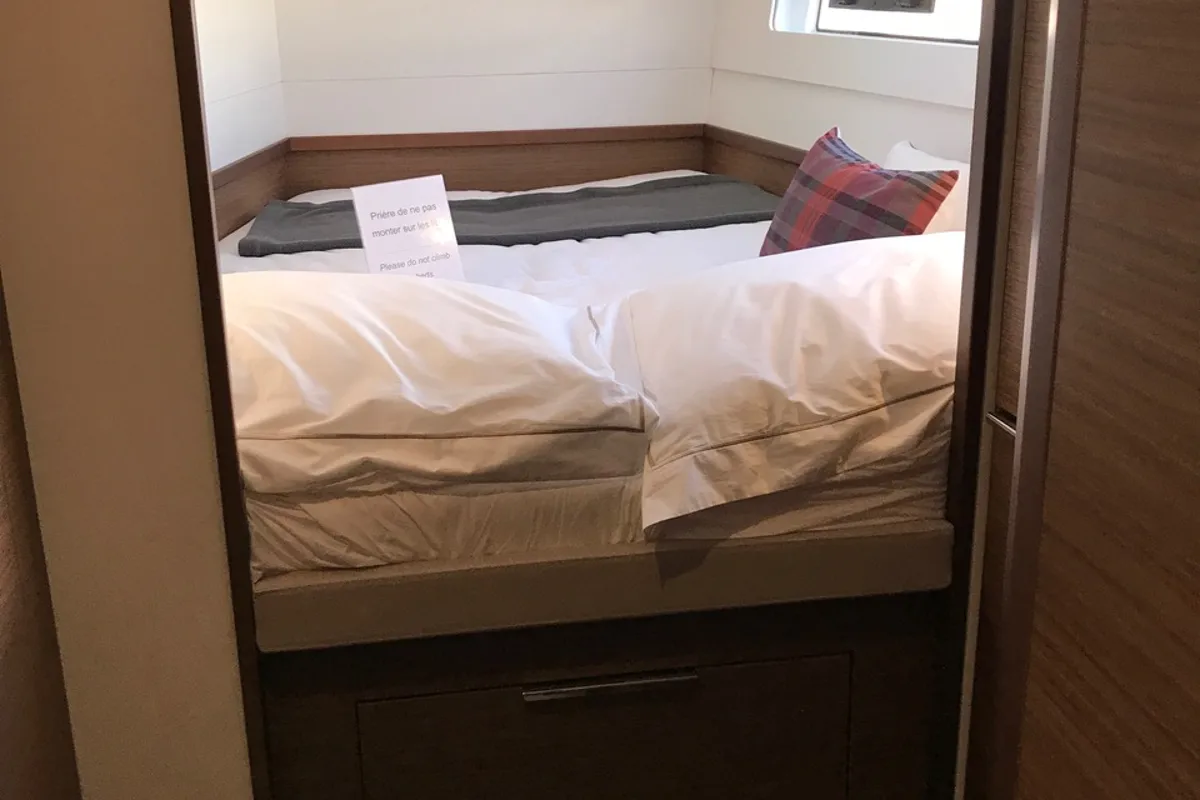 Cabin on Saudade, a Lagoon 40 catamaran at Olbia, Italy
