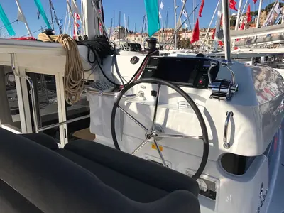 Cockpit of Saudade, a Lagoon 40 catamaran at Olbia, Italy