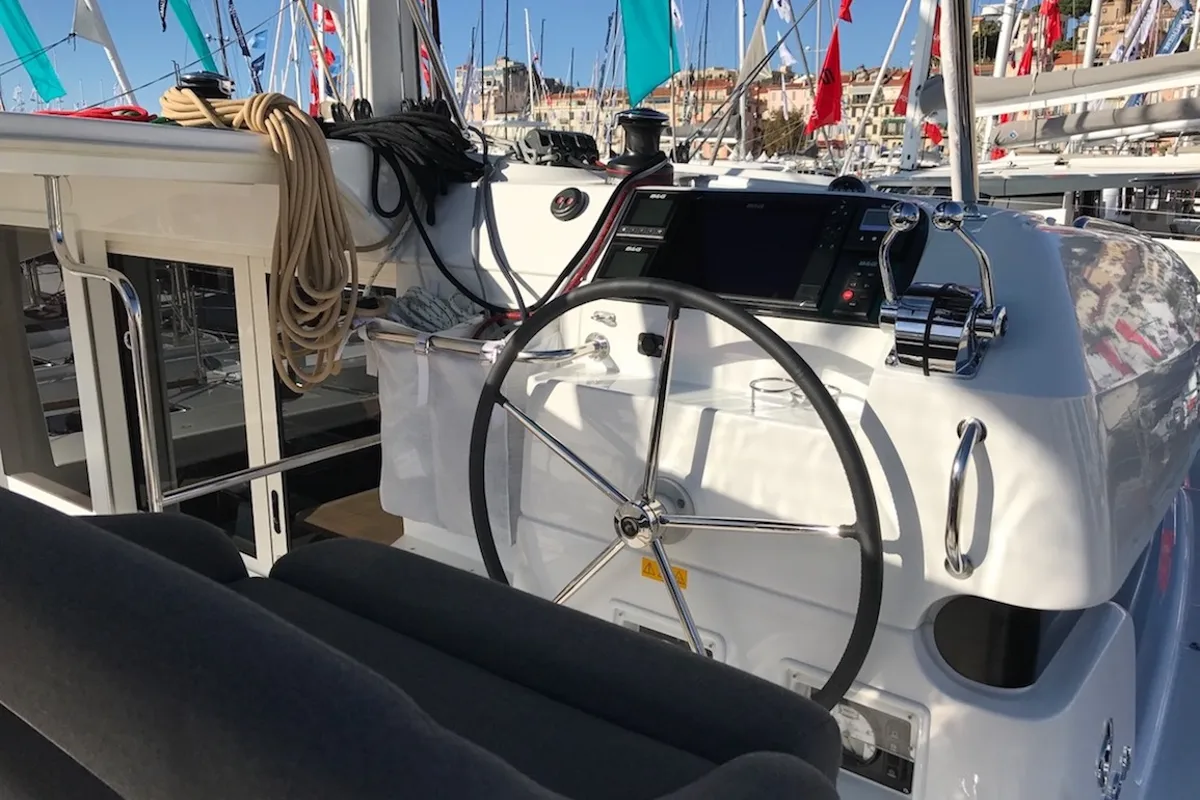 Cockpit of Saudade, a Lagoon 40 catamaran at Olbia, Italy