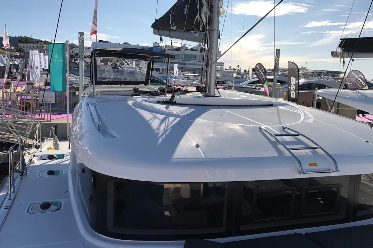 Deck of Saudade, a Lagoon 40 catamaran at Olbia, Italy