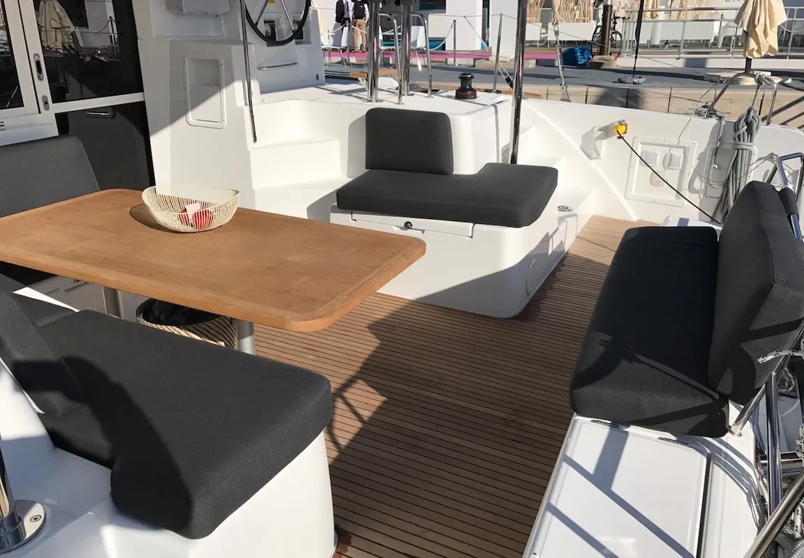 Deck of Saudade, a Lagoon 40 catamaran at Olbia, Italy